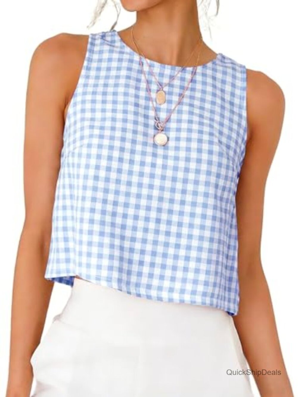 Womens Gingham Crop Tank Sleeveless High Neck Back Buttons Cotton Blend Top
